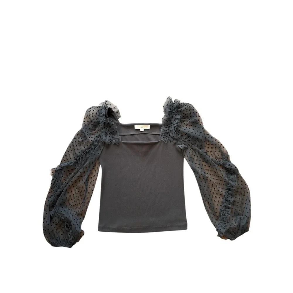 Loft Black Mesh Balloon Sleeve Coquette‎ Noir Dark Academia Swiss Dot Ruffle